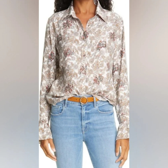 FRAME '70s Ruffle Silk Top in Off White Multi - Picture 9 of 9